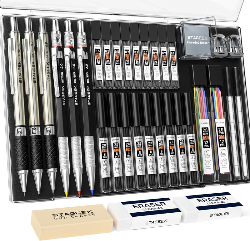 STAGEEK Mechanical Pencil Set with Case 34 Count, Drawing Pencils 0.5, 0.7, 0.9MM & 3PCS 2MM Sketching Pencils with 384PCS Lead Refills (6B 4B 2B HB 2H 4H Color) for Artist Drafting Drawing Writing - Image 1